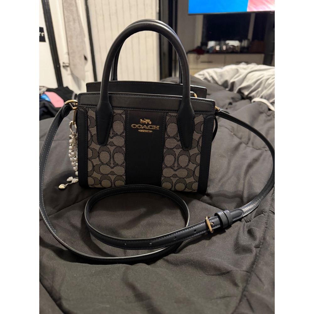 Coach Andrea Carryall Bag Signature Jacquard Navy Leather Handbag CT766